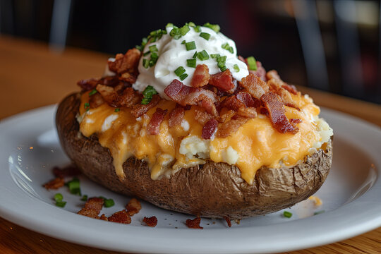 A baked potato fully loaded with cheese, bacon, sour cream, and chives.